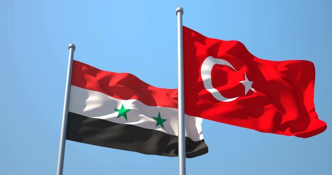 Turkey and Syria flag on a flagpole realistic wave on wind not synchronously, solid background. The Republic of Turkey and the Syrian Arab Republic.