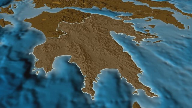 Peloponnese, decentralized administration with its capital, zoomed and extruded on the administrative map of Greece in the conformal Stereographic projection. Animation 3D
