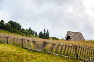 A house in Carpathian landscape. Hiking. Rural landscape in Carpatians, Mount Kostrycha, Ukraine. Coniferous forest and beautiful sky above mountains. Panorama of mountains from under the Beech tree