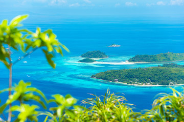 Fototapeta na wymiar Beautiful panoramic view from above at Seychelles Islands at the Indian ocean