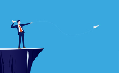 Businessman aiming paper plane. Man holding a paper plane on cliff edge. Executive putting business plan into effect, leadership, excitement, launch concept. Vector illustration.