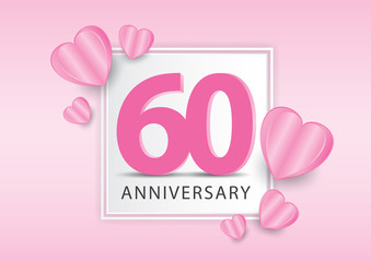 60 Years Anniversary Logo Celebration With heart background. Valentine’s Day Anniversary banner vector template