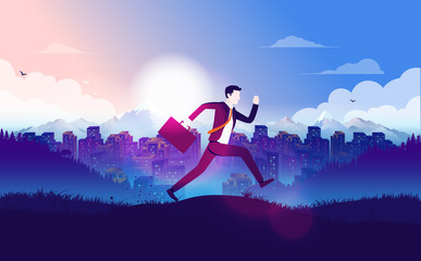 Businessman late for deadline - Stressed man running with briefcase in hand and cityscape in background. Late for work, late for job interview, stressful job and unprofessional concept. Illustration