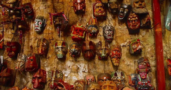 Wooden Masks hanging on wall in Antigua Guatemala