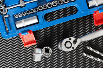 Car repair tools, wrench tool set on a blured background