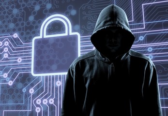 Thief in black clothes on digital background