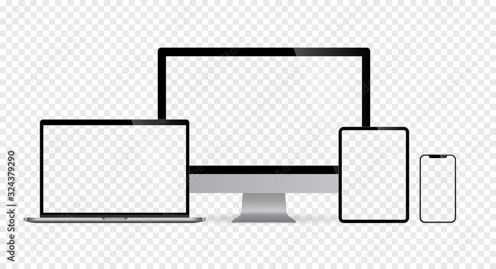 Poster realistic set of computer monitors desktop laptop tablet and phone with checkerboard screen and back