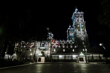 Cathedral Puebla Mexico at night Mexican Colonial City