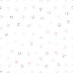 Vector seamless pattern of pink and grey paw prints.