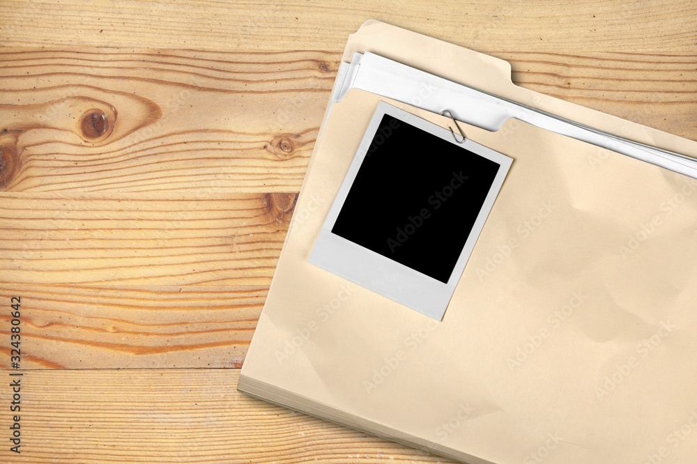 Poster file folder with documents and blank install photo frame