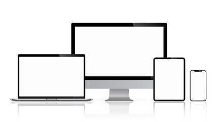 Realistic set of computer monitors desktop laptop tablet and phone reflect with white screen V4. Illustration vector illustrator Ai EPS