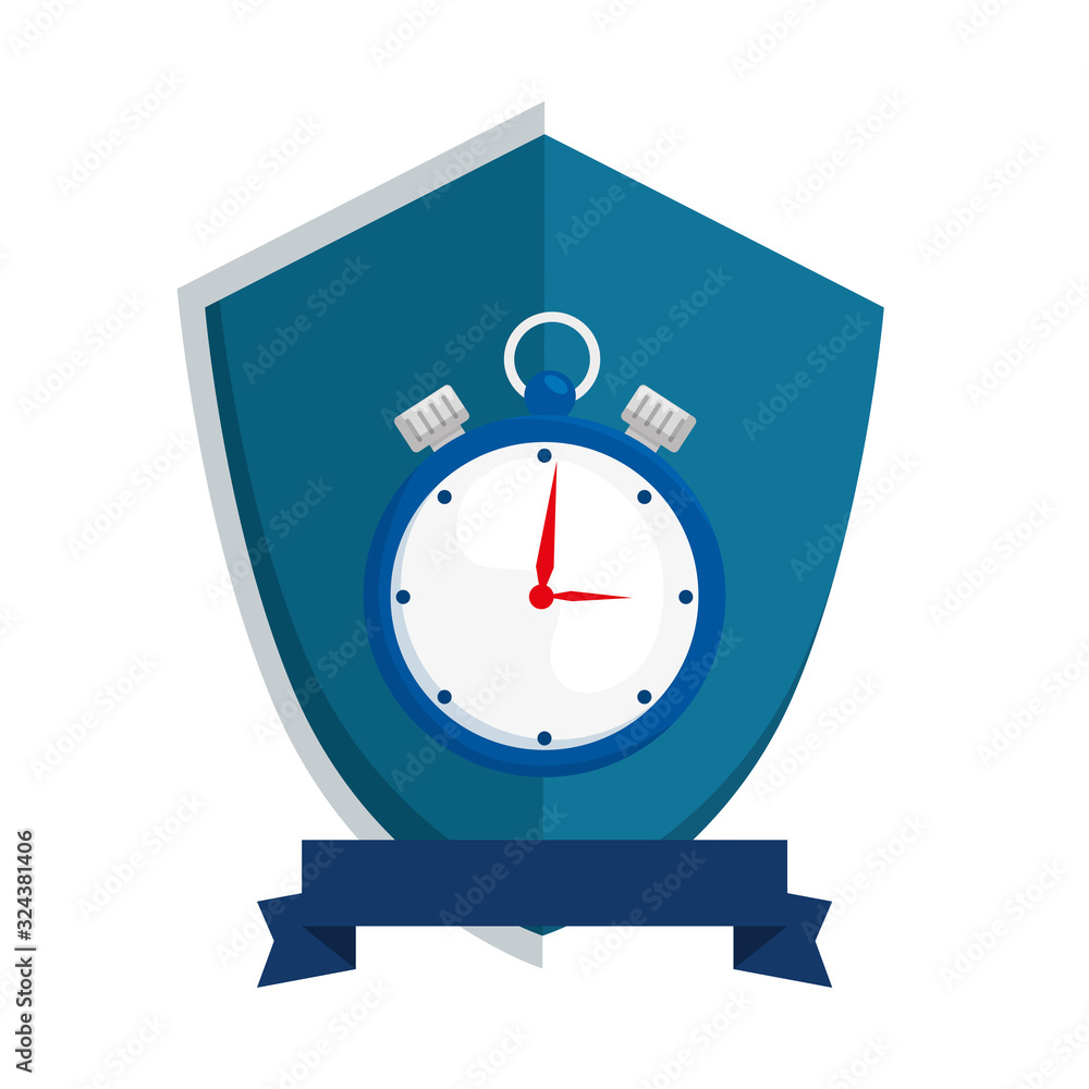 Poster chronometer time in shield isolated icon vector illustration design
