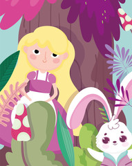 Obraz premium cute girl and rabbit foliage forest vegetation cartoon, children character