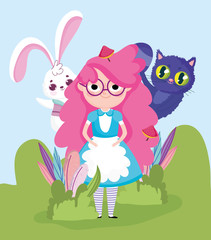 cute girl with rabbit and cat field cartoon, children character