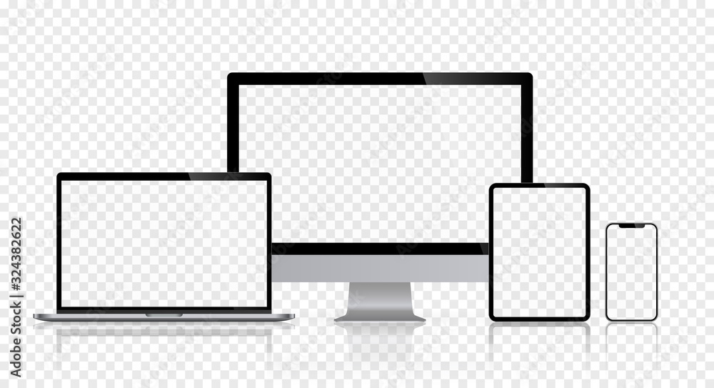 Poster realistic set of computer monitors desktop laptop tablet and phone reflect with checkerboard screen 