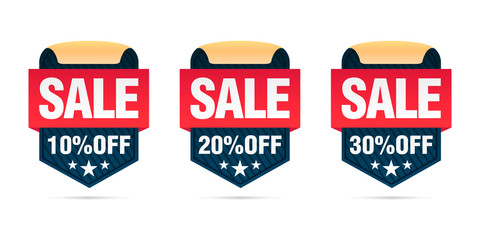 Retro set of sale badges 10%, 20%, 30% off. Vector illustration