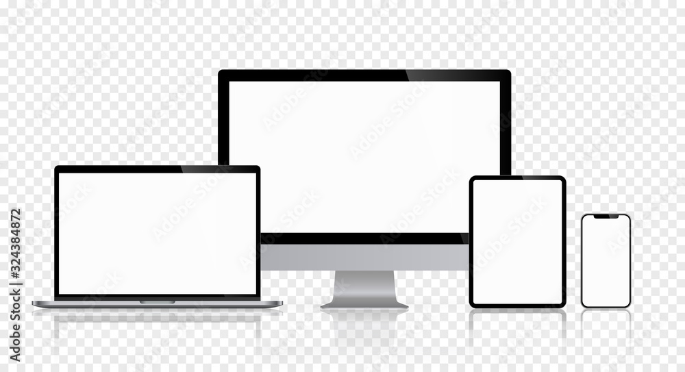 Aufkleber realistic set of computer monitors desktop laptop tablet and phone reflect with white screen and che