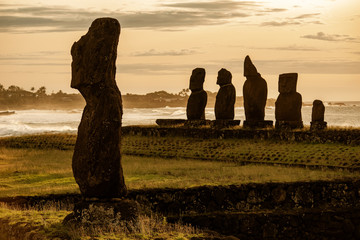 The Tahai Ceremonial Complex on Easter Island in Chilean Polynesia at sunset