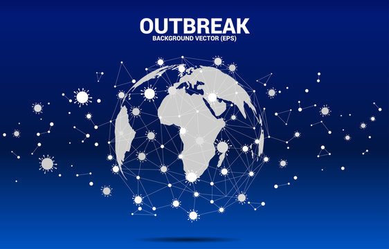 World Globe In Wuhan Virus Shape And Particle Of Corona Virus Background. Concept For Flu Sickness And Outbreak.