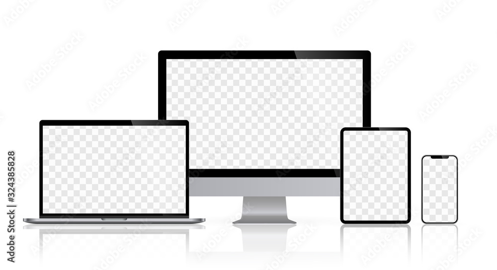 Aufkleber realistic set of computer monitors desktop laptop tablet and phone reflect with checkerboard screen 