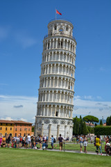 PISA, ITALY - August 14, 2019: The leaning tower of Pisa with lots of tourists