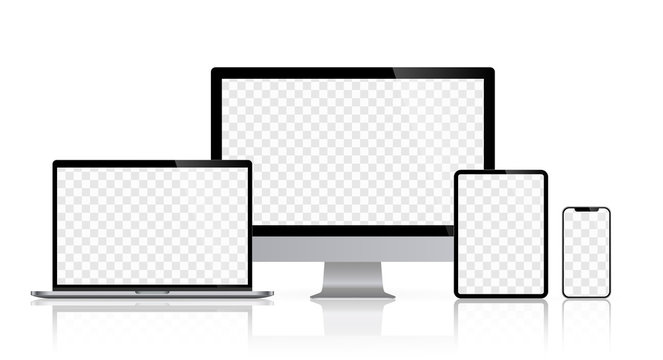 Realistic set of computer monitors desktop laptop tablet and phone reflect with checkerboard screen and white background V4. Isolated illustration vector illustrator Ai EPS