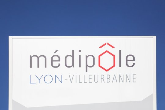 Villeurbanne, France - June 13, 2019: The Medipole logo on a panel. The Medipole Lyon-Villeurbanne is a private hospital located in Villeurbanne and it's the biggest in France