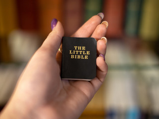 Little holy bible book in girl's hand.