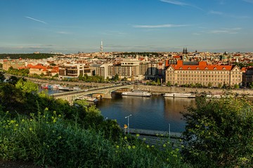 Prague / Czech Republic - May 23 2019: Scenic view of the cityscape with houses, Zizkov tower, river Vltava, bridge and boats. Sunny evening with blue sky. Yellow and green plants in the foreground.