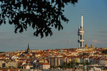 Fototapeta na wymiar Prague / Czech Republic - May 23 2019: Scenic view of the cityscape with the Zizkov television tower on a sunny spring evening. Blue and pink evening sky. Green leaves in the foreground.