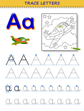Tracing letter A for study alphabet. Printable worksheet for kids. Education page for coloring book. Developing children skills for writing and tracing ABC. Vector cartoon image for school textbook.