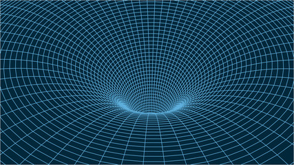 Technology wireframe tunnel on white background. Futuristic 3D wormhole.