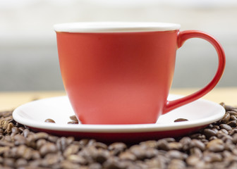 Hot coffee cup. strong coffee on wooden table background. fresh coffee. latte coffee. morning coffee. cappuccino coffee. Macro. hot fresh coffee. espresso coffee. worm coffee. copyspace