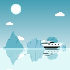 Yacht sailing between icebergs in ocean, cruise trip around rocks in sea, vector illustration. Modern luxury yacht in dangerous environment, sea navigation in arctic sea. Boat travel to ocean iceberg