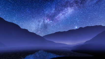 Naklejka na ściany i meble Nighttime mountain landscape with milky way galaxy