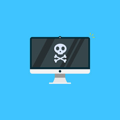 danger virus skeleton on screen computer monitor pc. vector flat symbol