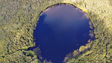 Aerial shooting of a magic lake in the taiga of Russia