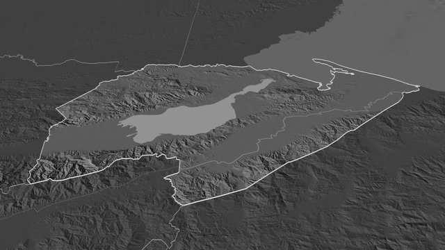 Izabal, department with its capital, zoomed and extruded on the bilevel map of Guatemala in the conformal Stereographic projection. Animation 3D