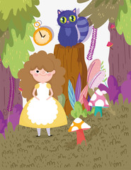 cute girl and cat tree foliage forest, children character
