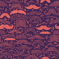 Mustache seamless pattern vector illustration for retro background design with vintage style hipster man moustache. Doodle decoration. Wallpaper, wrapping paper, father day greeting card template.