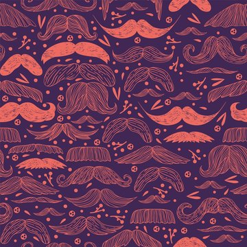 Mustache seamless pattern vector illustration for retro background design with vintage style hipster man moustache. Doodle decoration. Wallpaper, wrapping paper, father day greeting card template.
