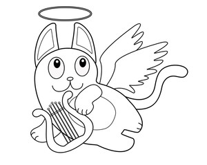 Funny cartoon cat with angel wings, a nimbus and a harp. Cat angel playing the lyre in flight. Funny cute cat - cupid - vector linear character for coloring book. Outline.