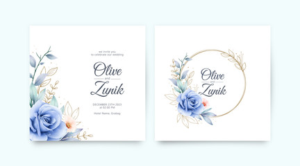 Set of wedding invitation with roses blue watercolor and gold leaves