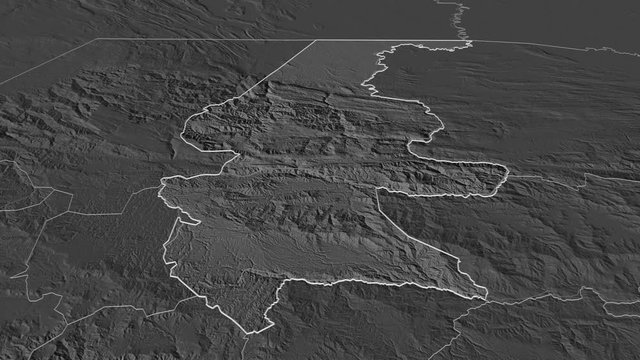 Quich�, department with its capital, zoomed and extruded on the bilevel map of Guatemala in the conformal Stereographic projection. Animation 3D