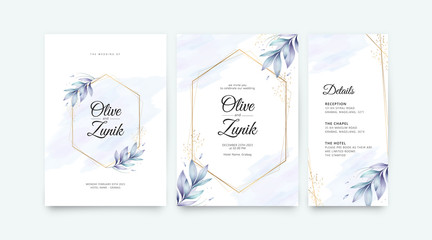 Wedding card set template with golden geometric flowers and leaves watercolor