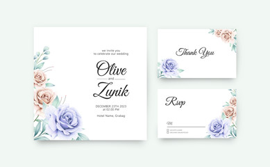 Naklejka premium Wedding invitation set template with beautiful flowers and leaves watercolor