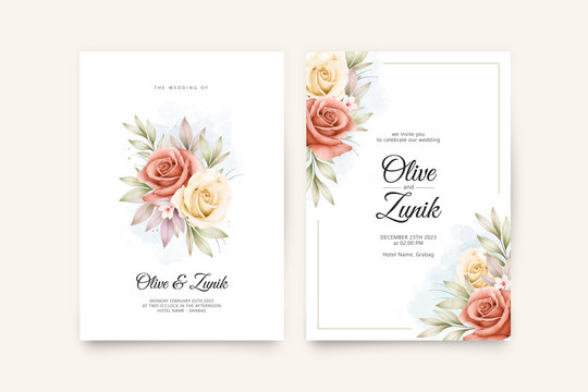 Wedding invitation template with beautiful flowers and leaves watercolor