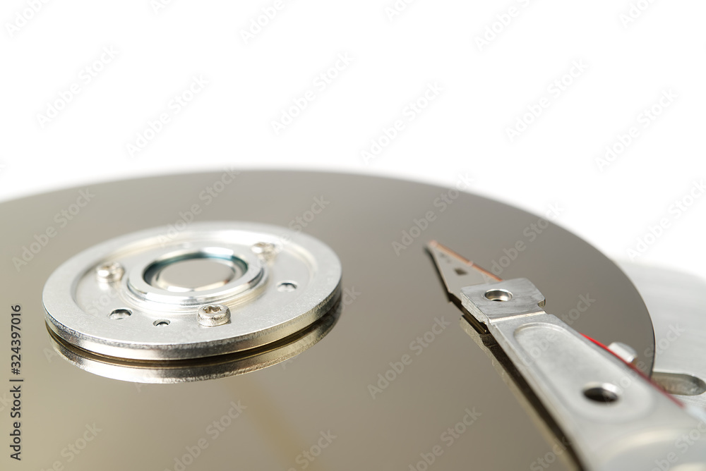 Poster detail of reading - writing head of hard drive. close up inside of hard disk drive - hdd . hard disk