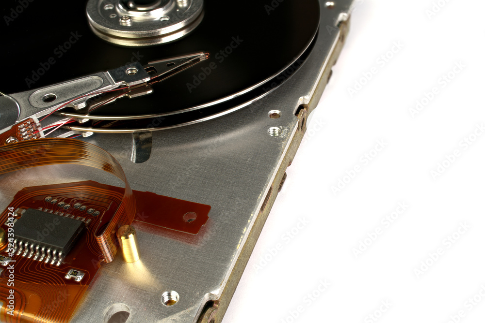 Poster detail of reading - writing head of hard drive. close up inside of hard disk drive - hdd . hard disk