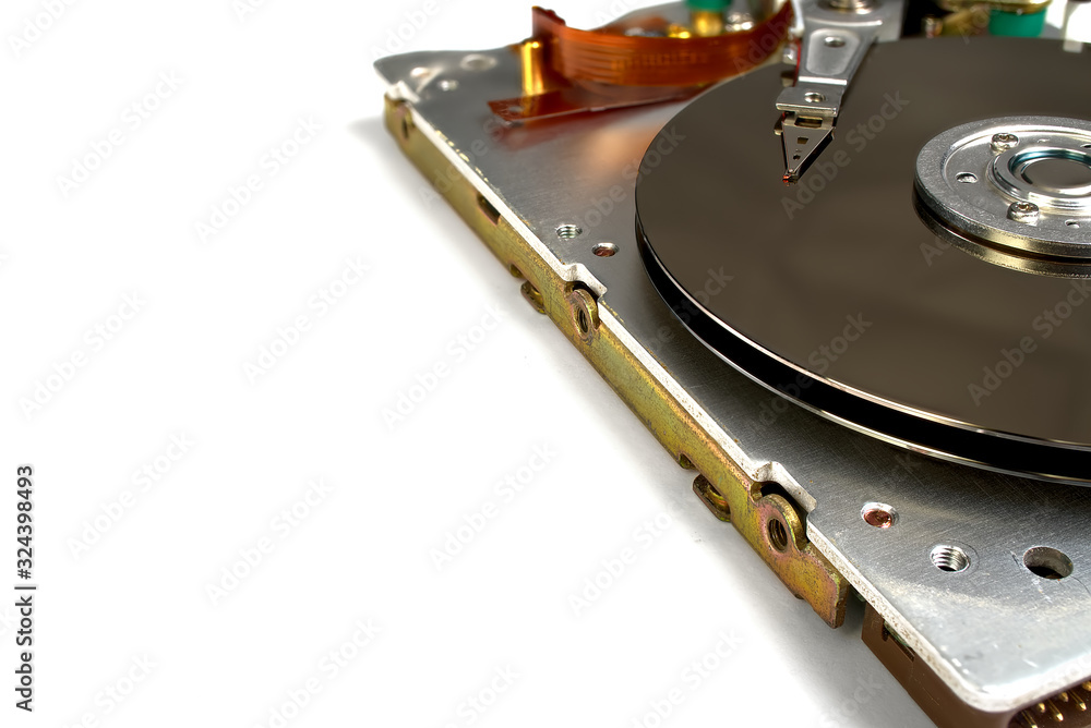 Poster detail of reading - writing head of hard drive. close up inside of hard disk drive - hdd . hard disk